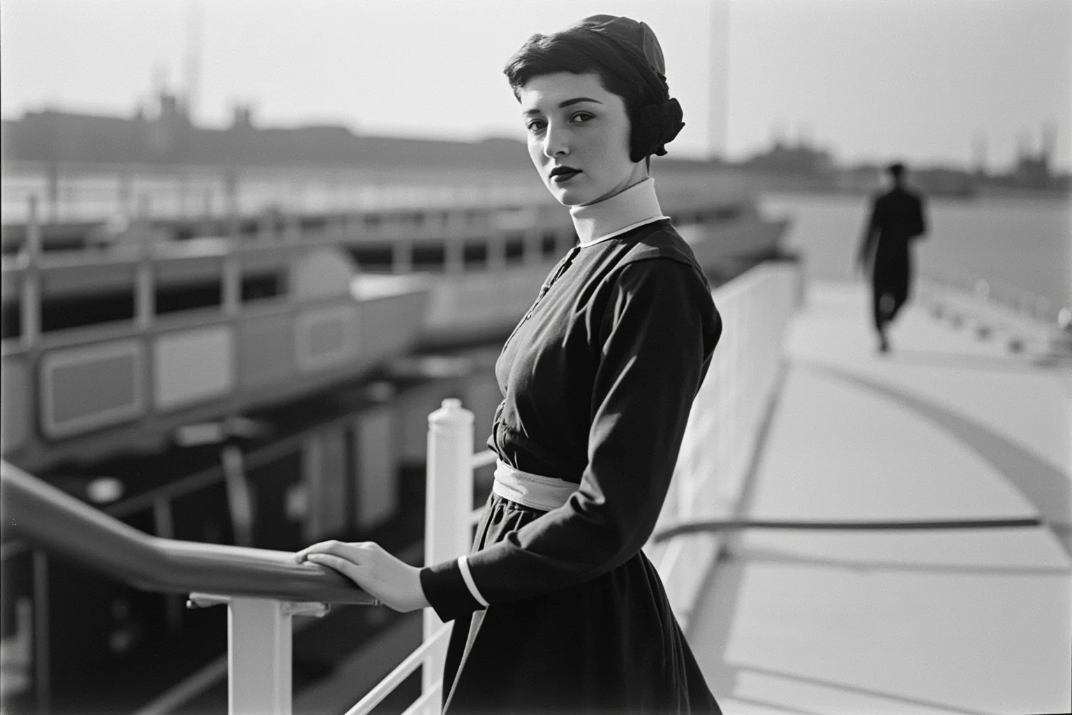 Historical Figures Who Boarded the Titanic — And 10 Who Didn't Survive 13 A calm stewardess in an early 1900s maid uniform standing on a ship deck with lifeboats visible behind her