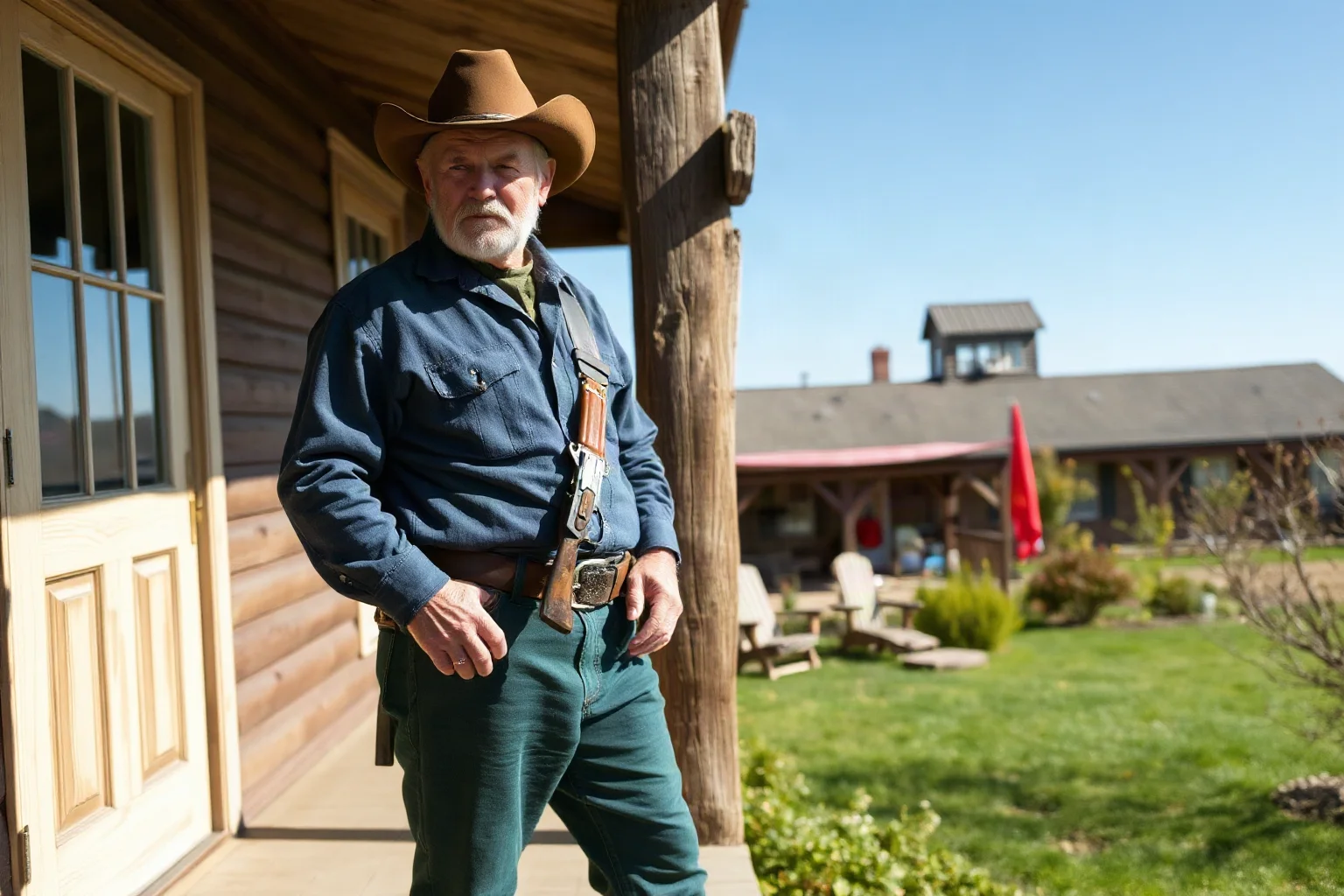 A calm, weathered frontier lawman standing on a porch, hand resting near his belt, no drawn weapon