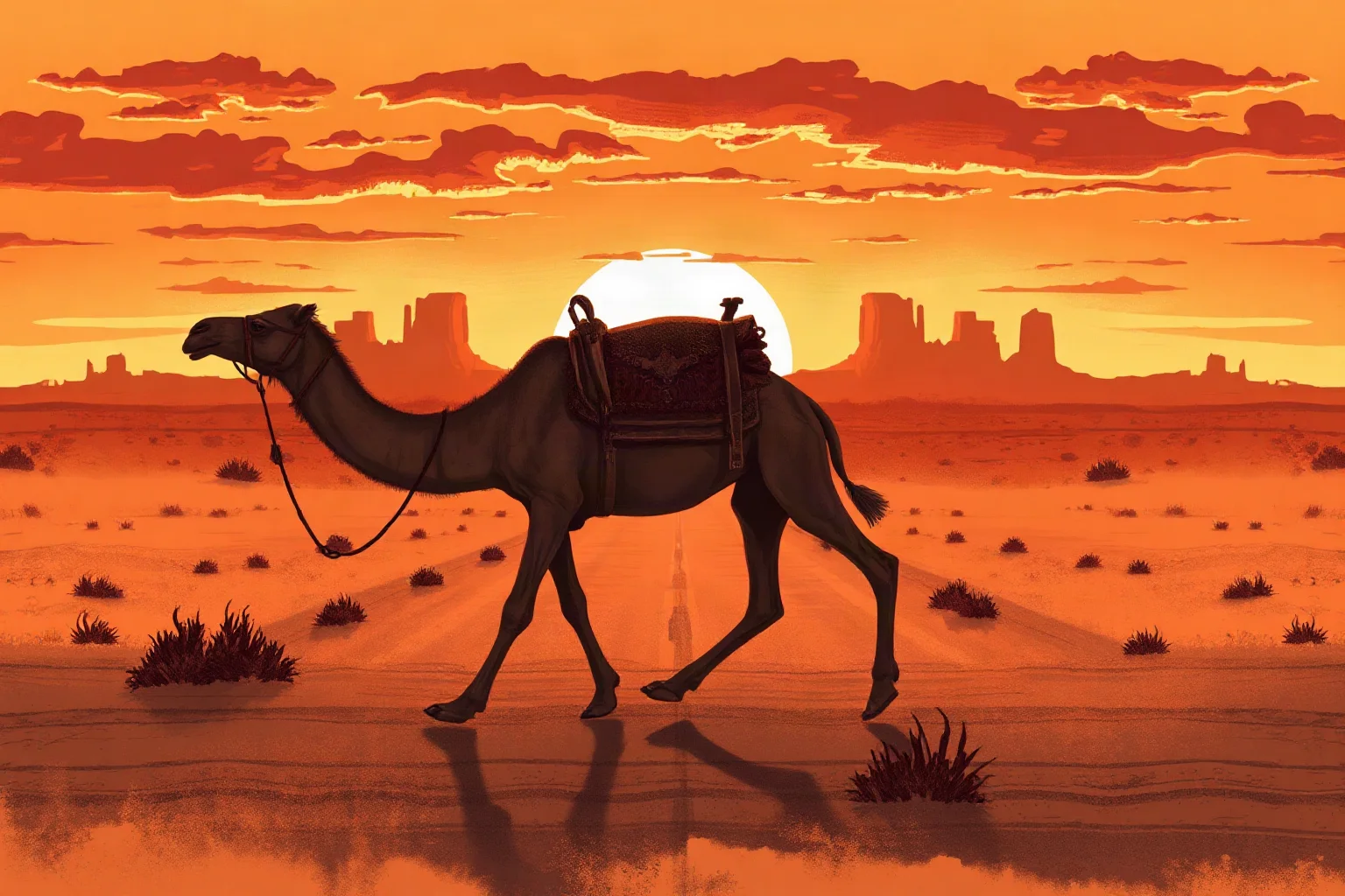 A camel walking across a dusty desert highway at sunset, old Wild West style illustration