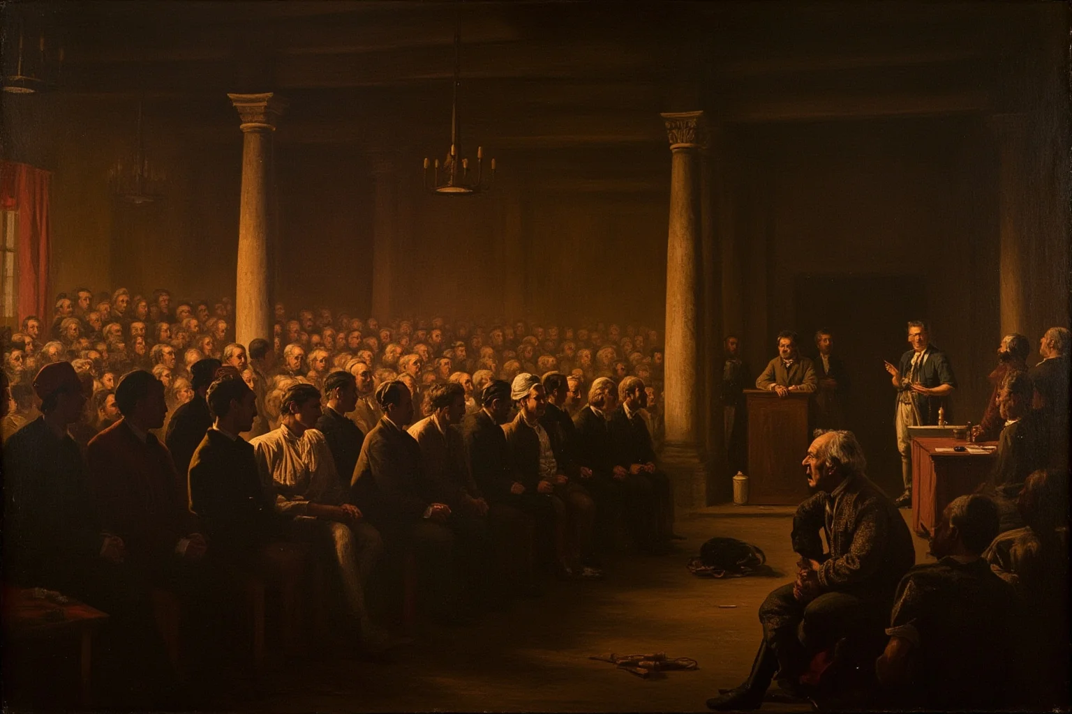 20 Famous Historical Quotes That Were Taken Out of Context 6 A candlelit 18th-century colonial assembly hall with rows of seated delegates listening to a standing speaker, historical painting style