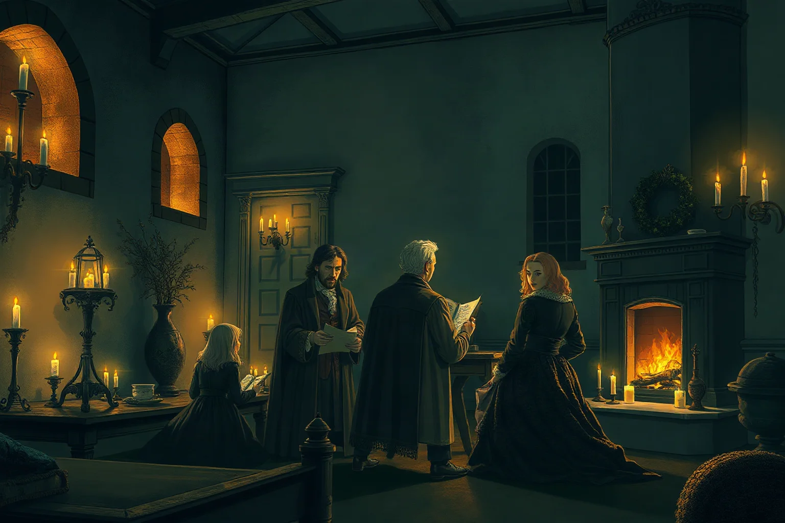 A candlelit European villa interior at night with a small group of writers gathered around a fireplace, gothic historical illustration