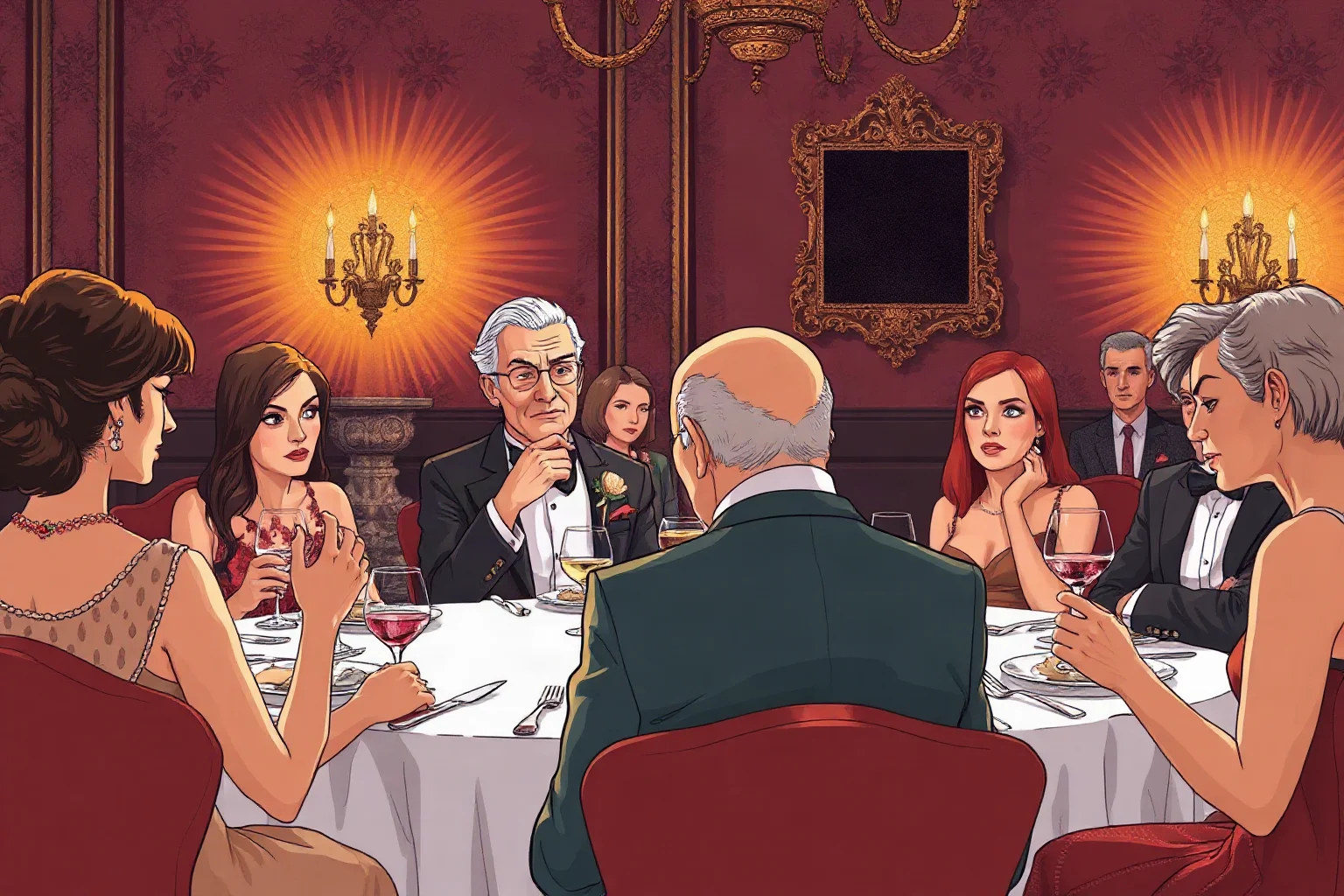 A candlelit formal dinner party with tense glances between well-dressed guests, illustrative editorial style