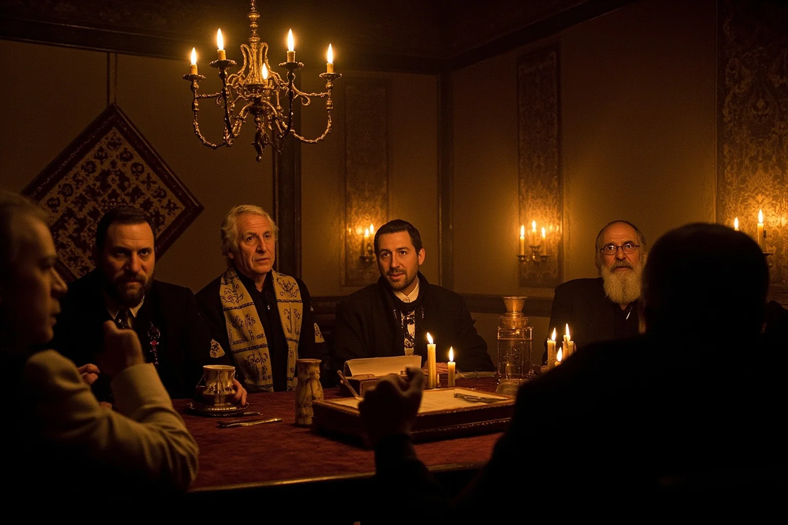 A candlelit Masonic lodge meeting room with symbolic emblems and formally dressed men in the 18th century