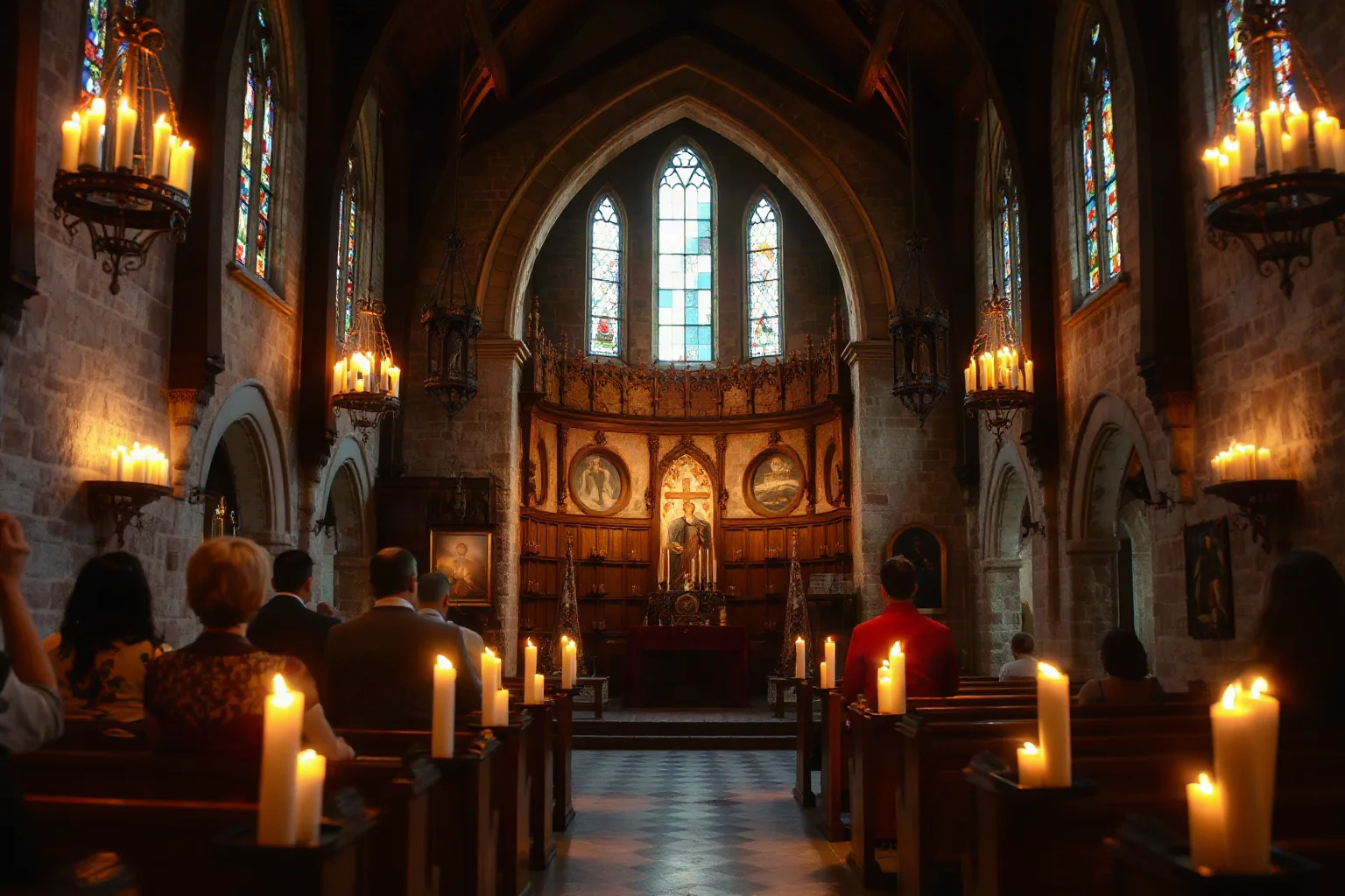 A candlelit medieval chapel interior with kneeling worshippers and a solemn atmosphere