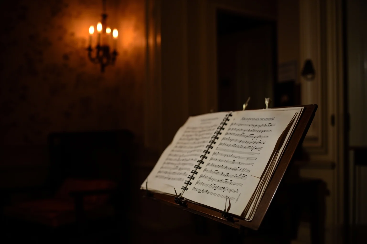 A candlelit Viennese music room with a half-finished manuscript score on a stand