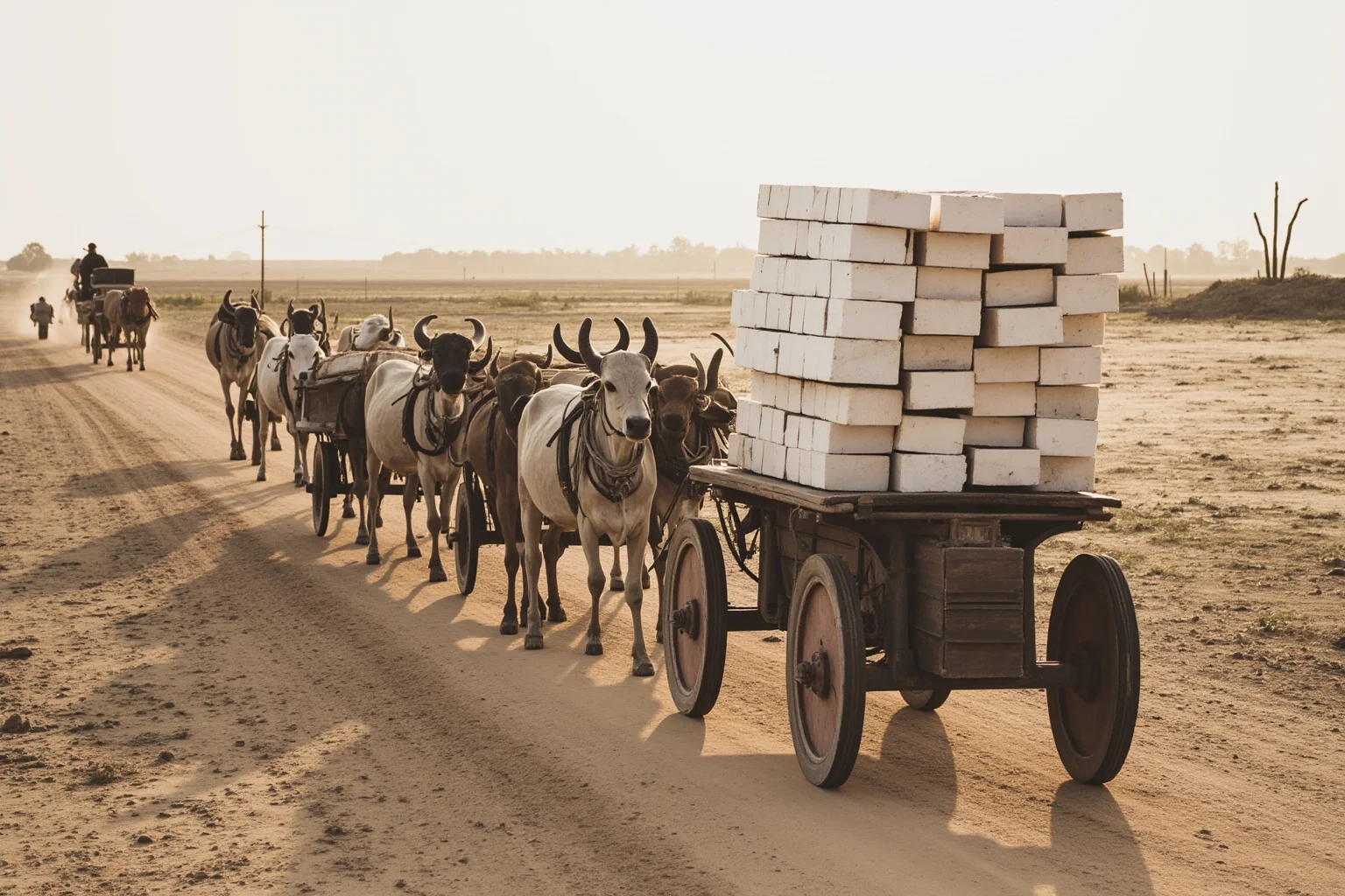 A caravan of oxen and carts loaded with white marble blocks traveling across a dusty historic trade route