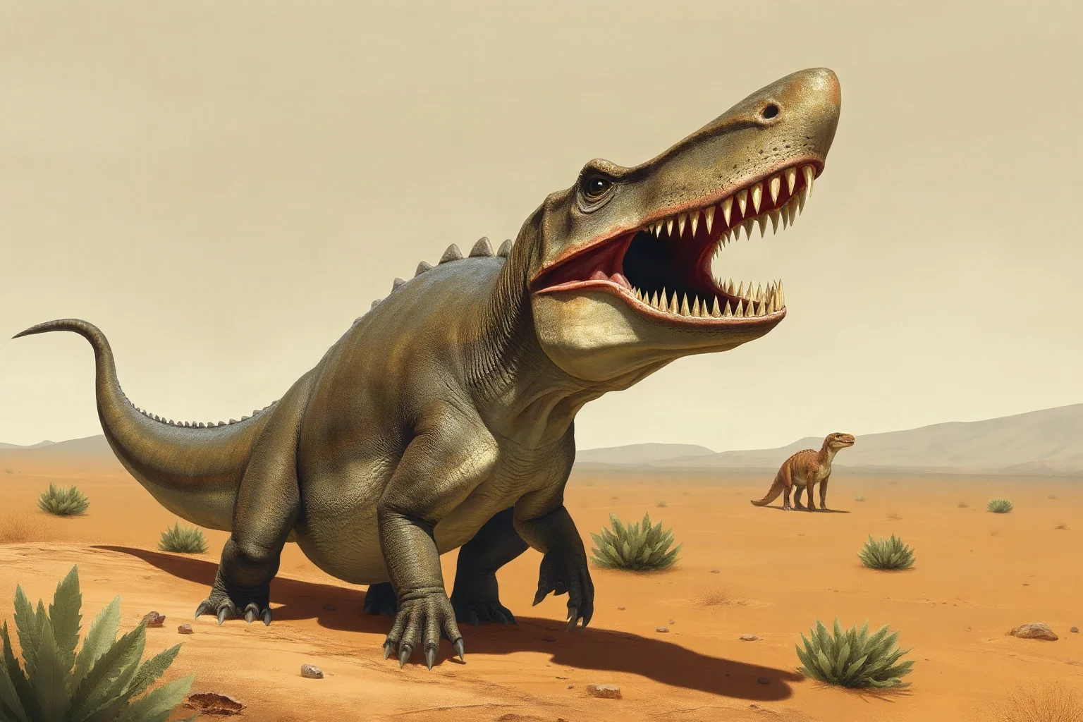 A Carcharodontosaurus with shark-like serrated teeth prowling a dry North African Cretaceous landscape, realistic paleoart style