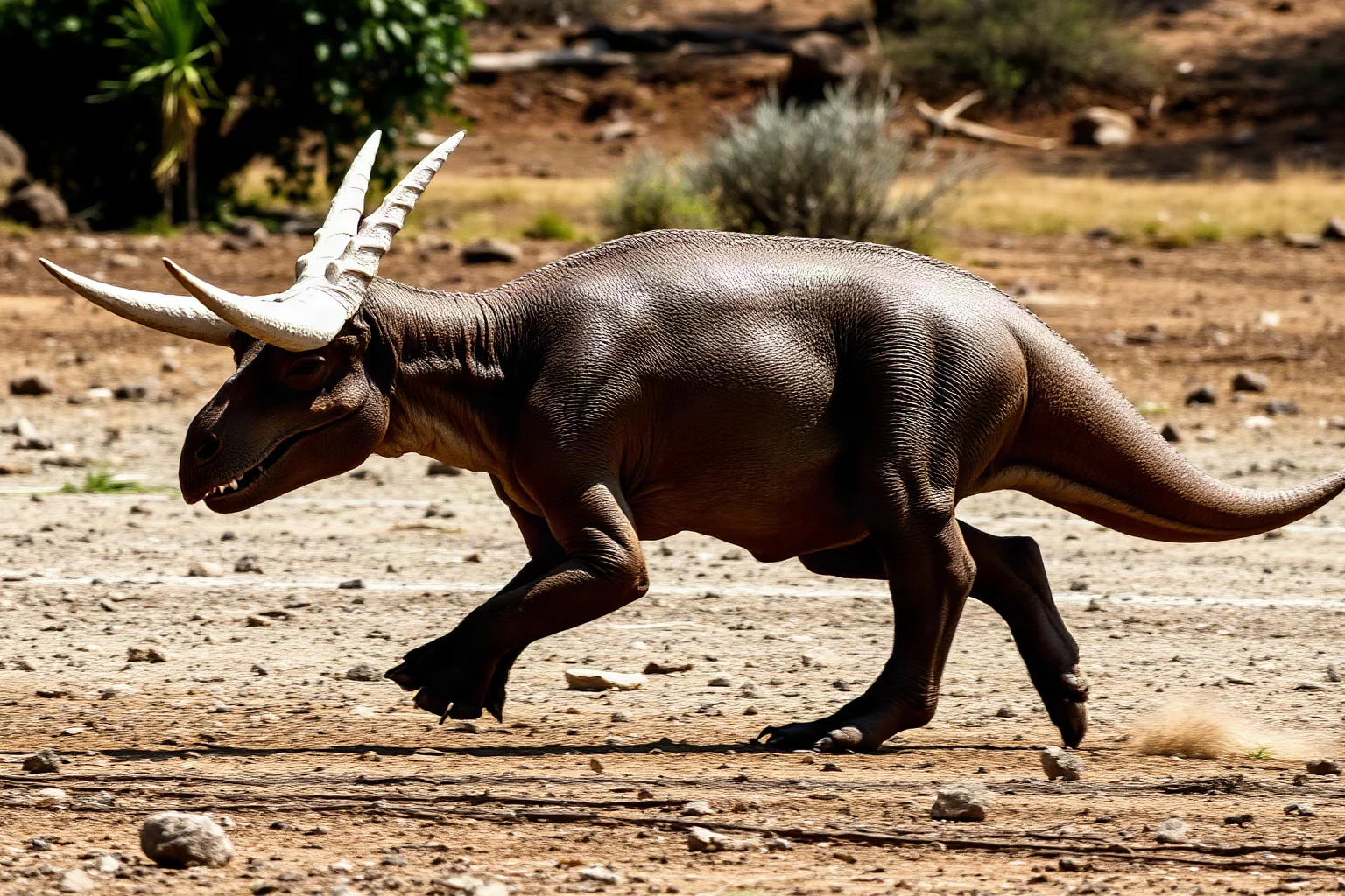 A Carnotaurus with short thick horns above its eyes running across a dry plain