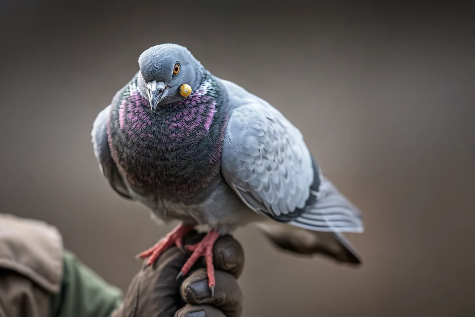 A carrier pigeon with a small message capsule perched on a soldier's gloved hand