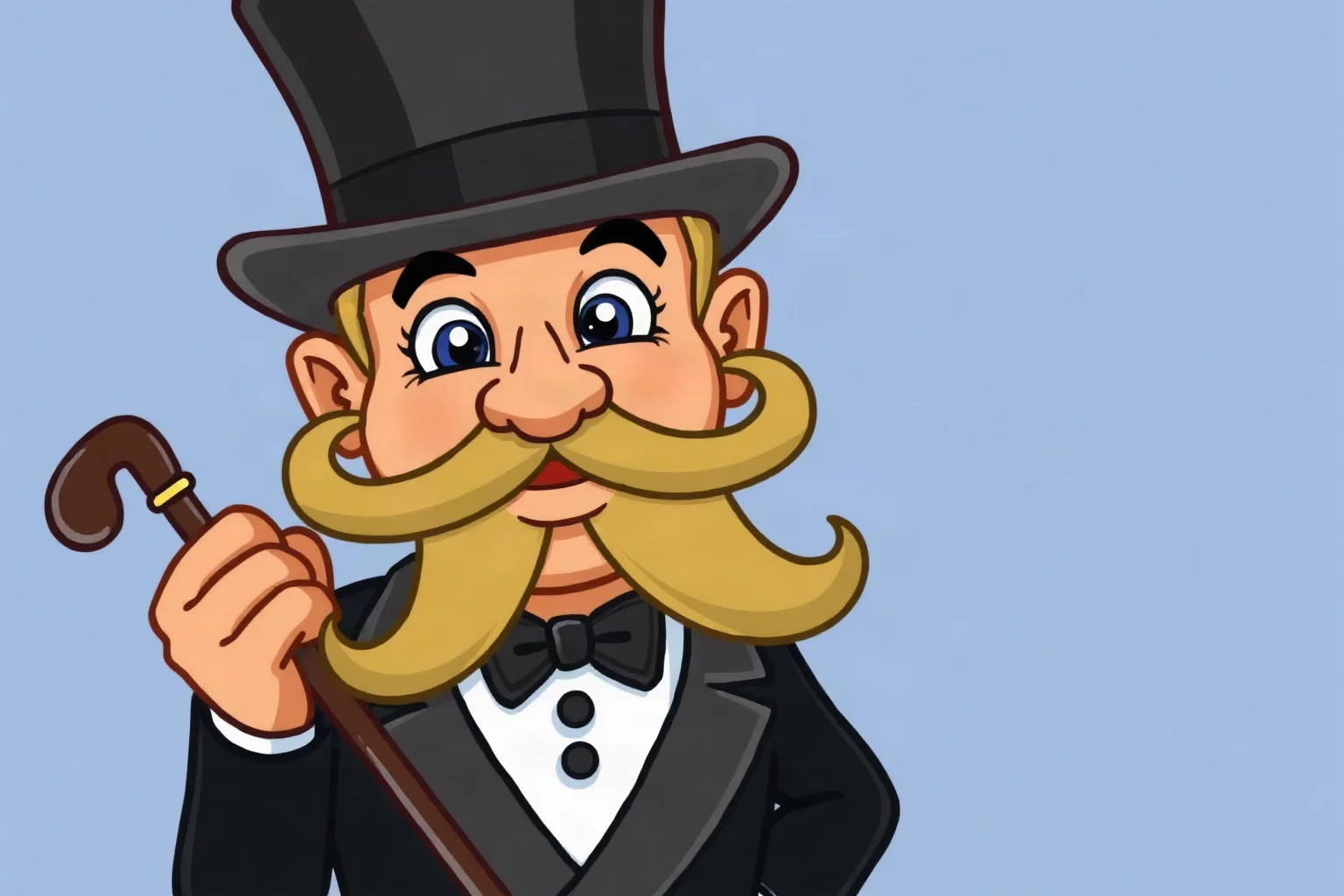 A cartoon mustachioed board-game mascot character in a top hat and tuxedo, holding a cane, without any eyewear, classic 1930s board game illustration style