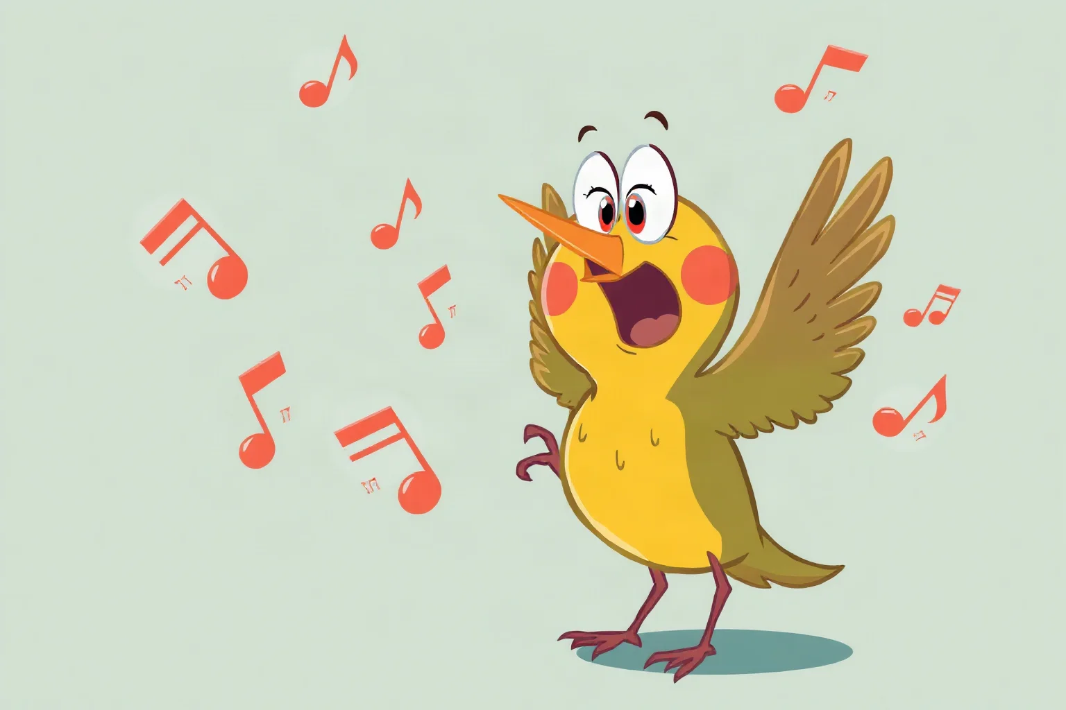 A cartoon songbird singing badly with musical notes scattering chaotically, lighthearted illustration