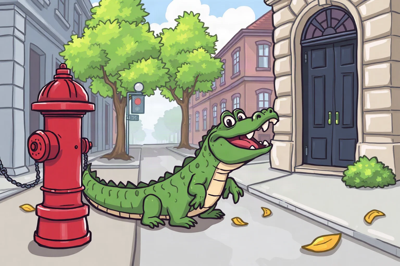 A cartoon-style alligator near a red fire hydrant on an old city street, playful illustration