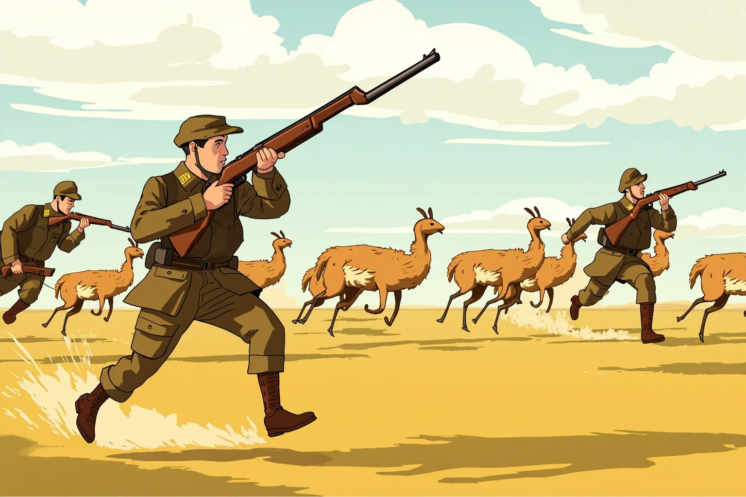 A cartoon-style scene of soldiers with rifles chasing a flock of running emus across an open Australian field