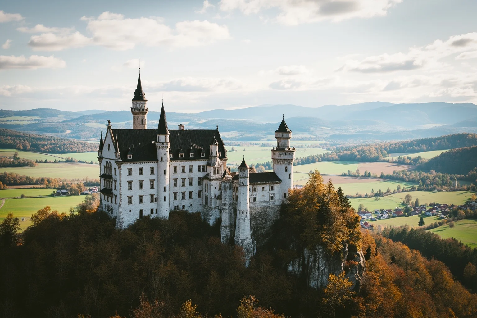 A castle on a hill in the Slovak countryside under bright daylight