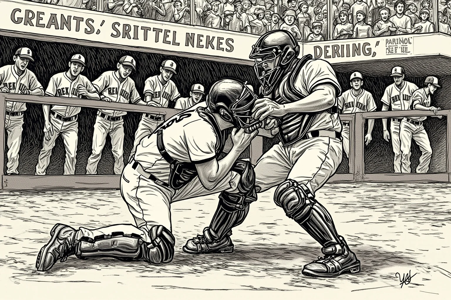 Biggest Brawls In Baseball History 14 A catcher shoving his mitt toward an opposing player's face at home plate as both benches rush in, tense sports illustration
