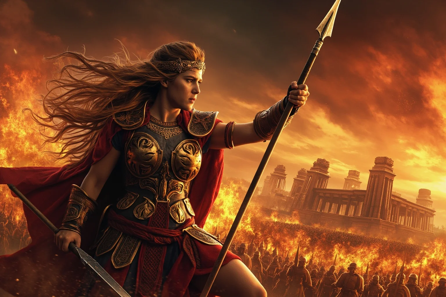 Wars Started By Women: The Rebel Queens Who Changed History 6 A Celtic warrior queen with flowing hair and armor raising a spear before a burning Roman settlement, illustrated historical scene