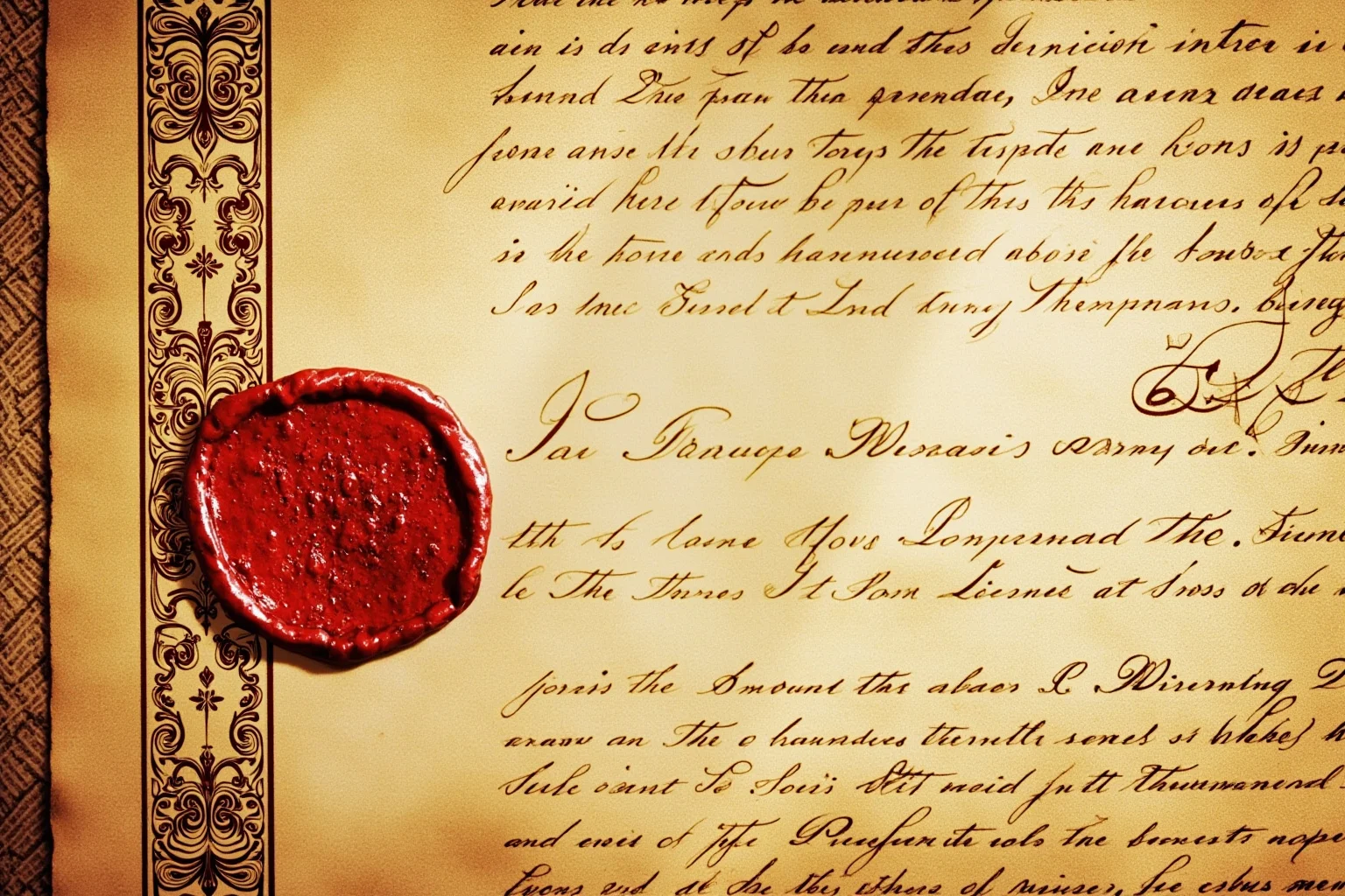 A centuries-old royal decree with an elaborate red wax seal and faded formal signature, illuminated manuscript style