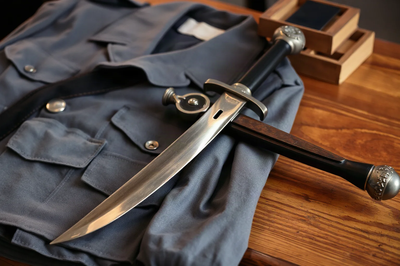 A ceremonial sword resting on a folded gray Civil War-era uniform on a wooden table