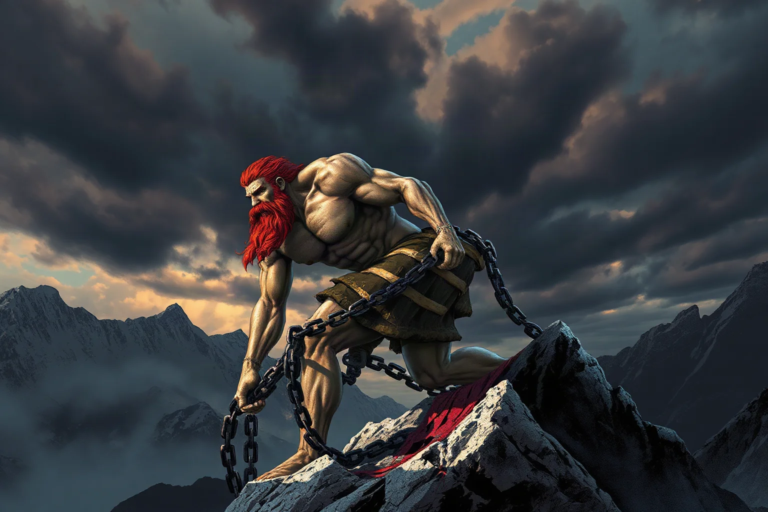 A chained titan on a mountain cliff beneath a stormy sky, dramatic ancient Greek mythological illustration