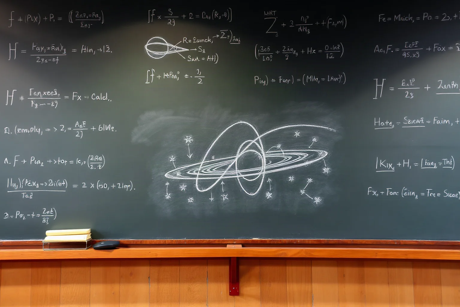 A chalkboard covered in physics equations and a sketch of curved space-time, representing early 20th-century theoretical physics