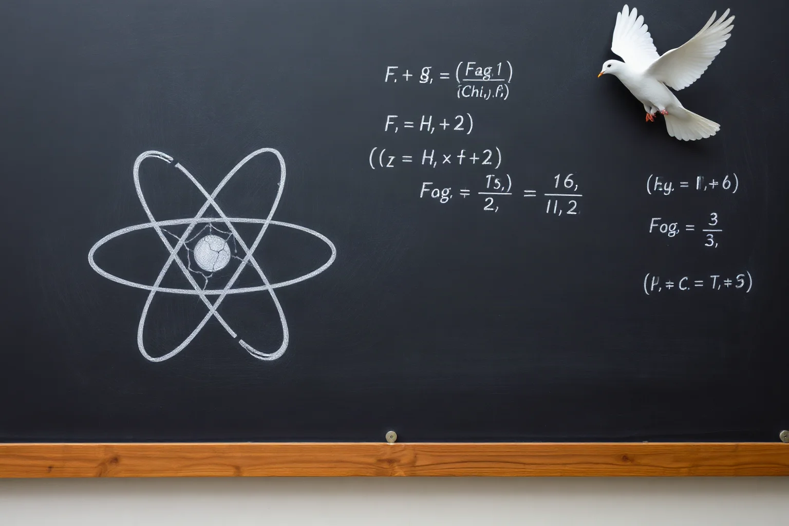 A chalkboard covered in physics equations beside a cracked atom symbol and a white dove silhouette
