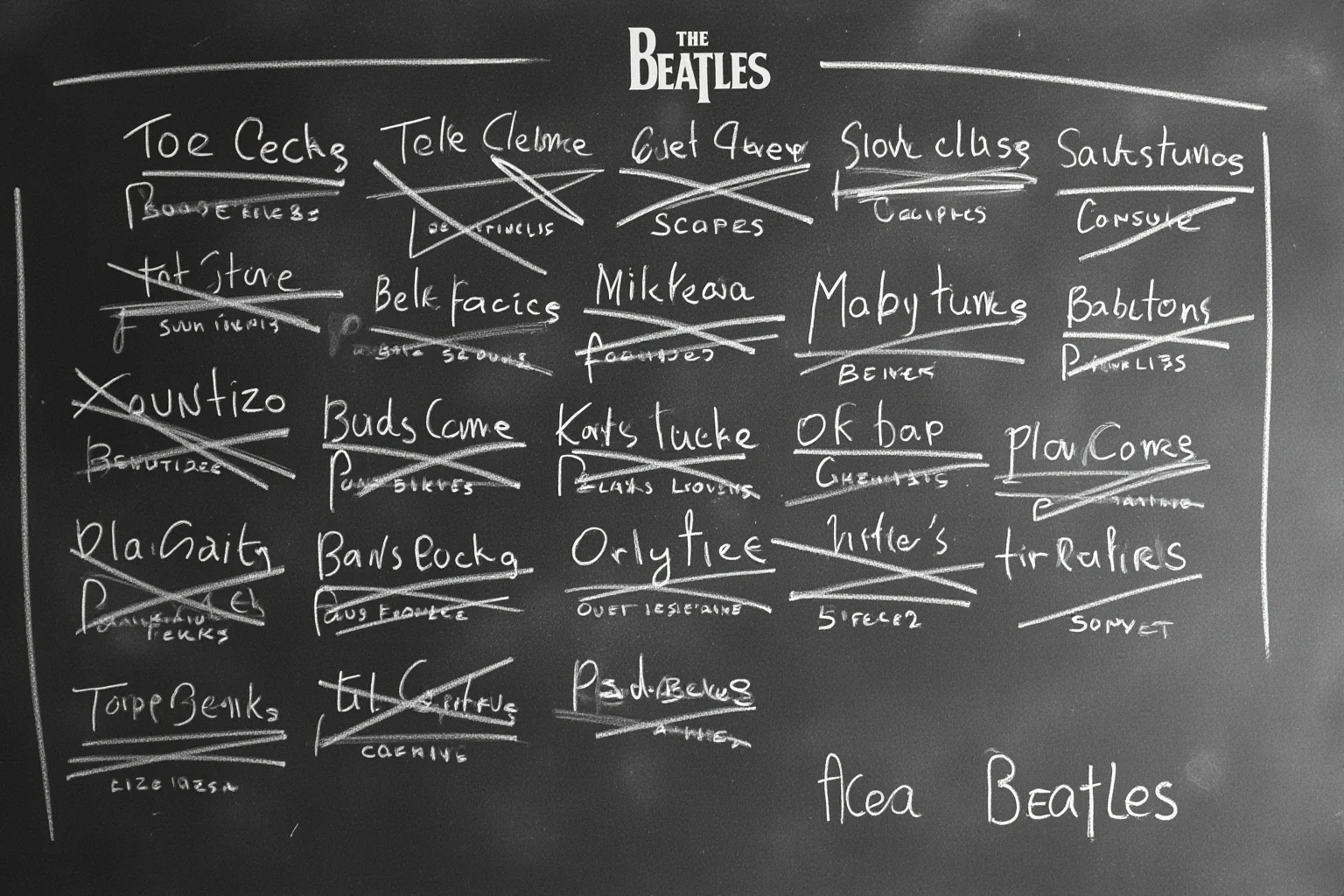 Incredible Facts About the Beatles' Greatest Band History 3 A chalkboard or notebook page showing crossed-out band name ideas evolving into 'The Beatles', vintage aesthetic