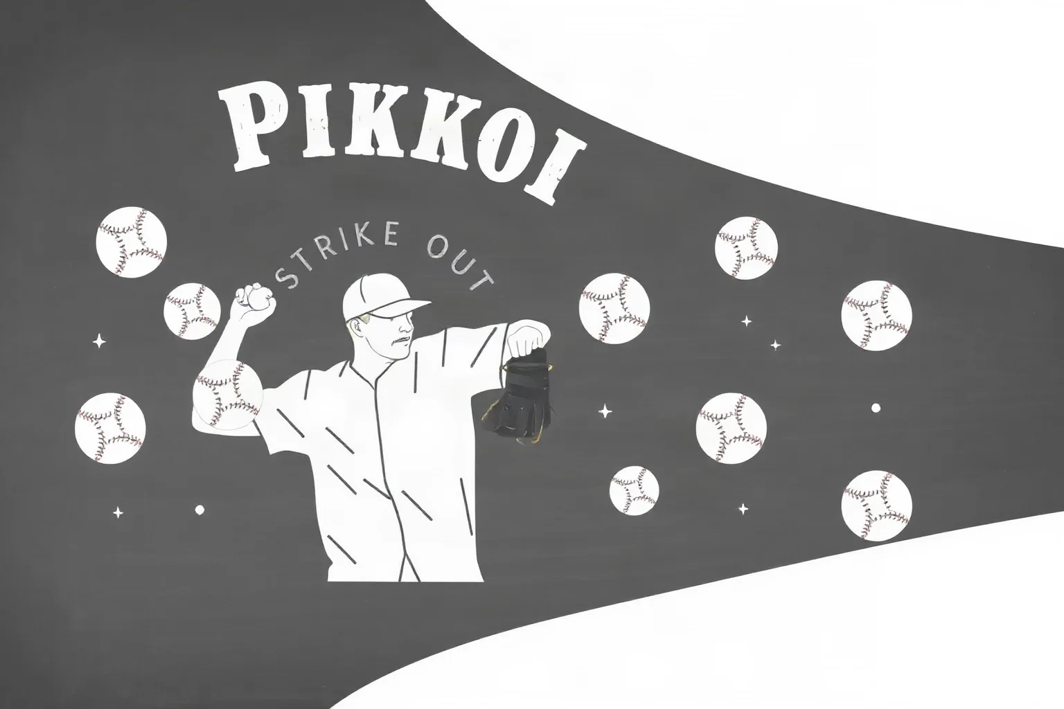 A chalkboard style vintage graphic showing a pitcher surrounded by scattered strikeout tally marks