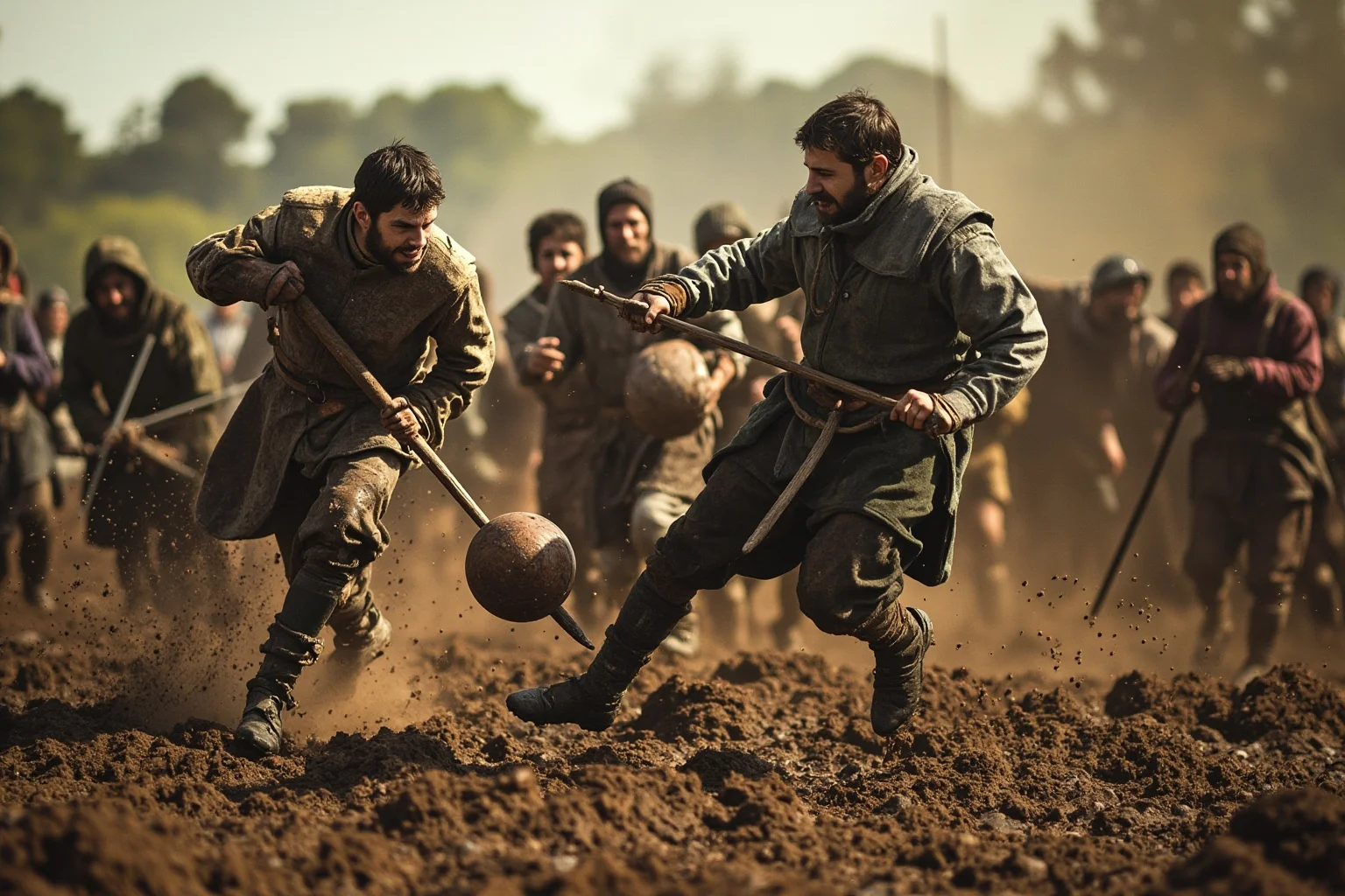 A chaotic medieval folk football match with villagers scrambling for a leather ball in a muddy field