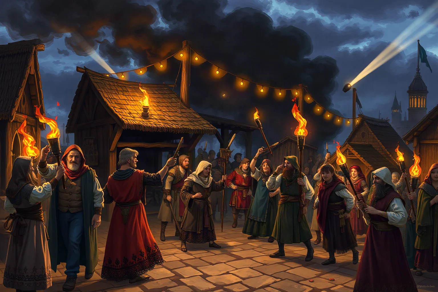 A chaotic medieval marketplace scene with more and more illustrated figures joining a dance, torches and dusk lighting