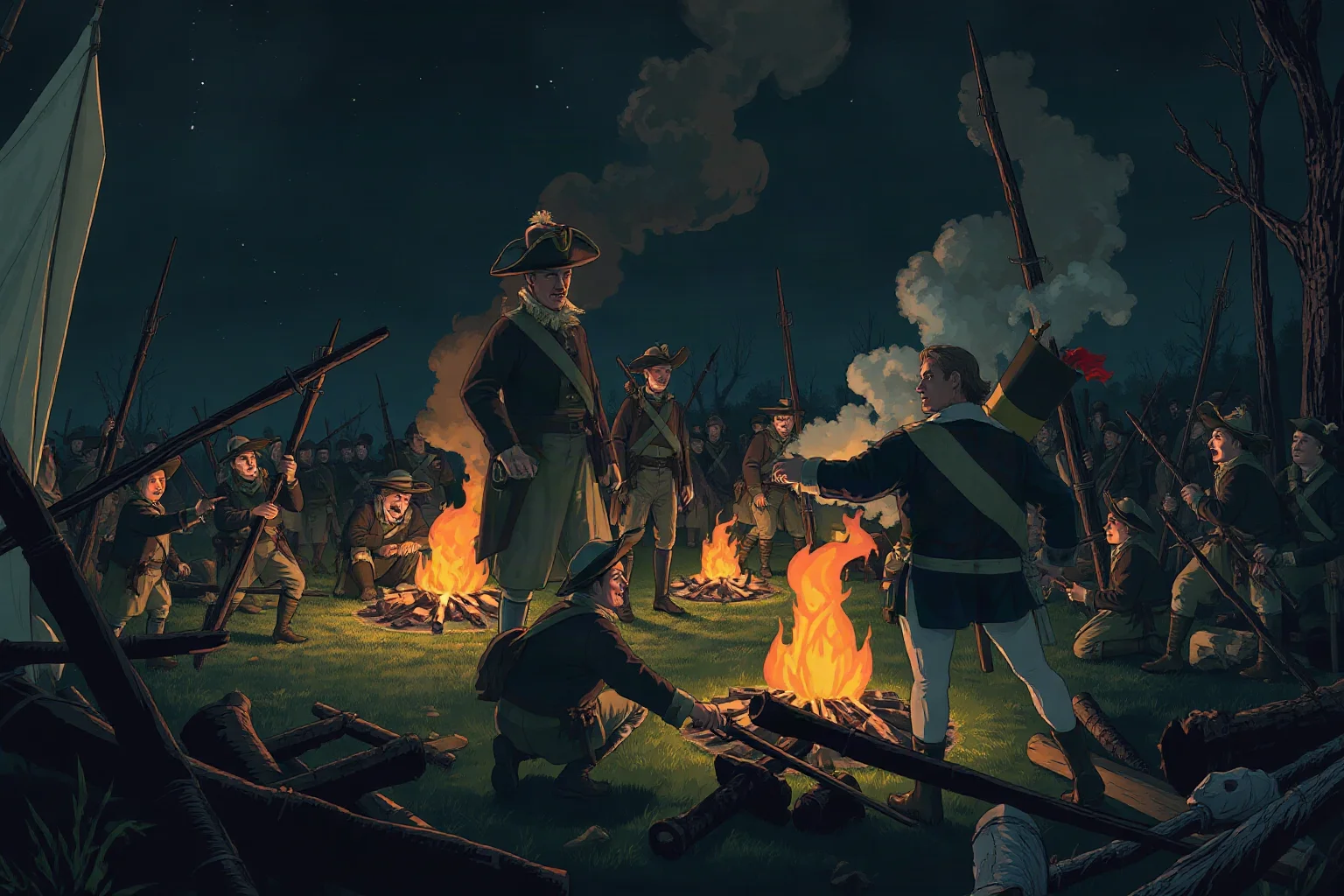 A chaotic nighttime battlefield scene with confused 18th-century soldiers and campfires, illustration style