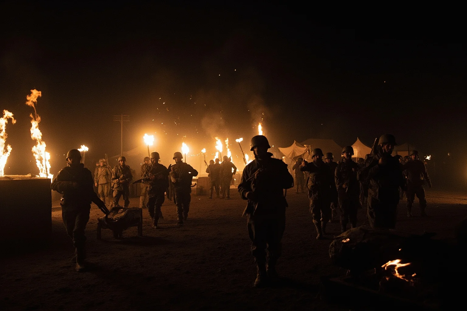 A chaotic nighttime military camp scene with confused soldiers and torches, evoking rumor and panic