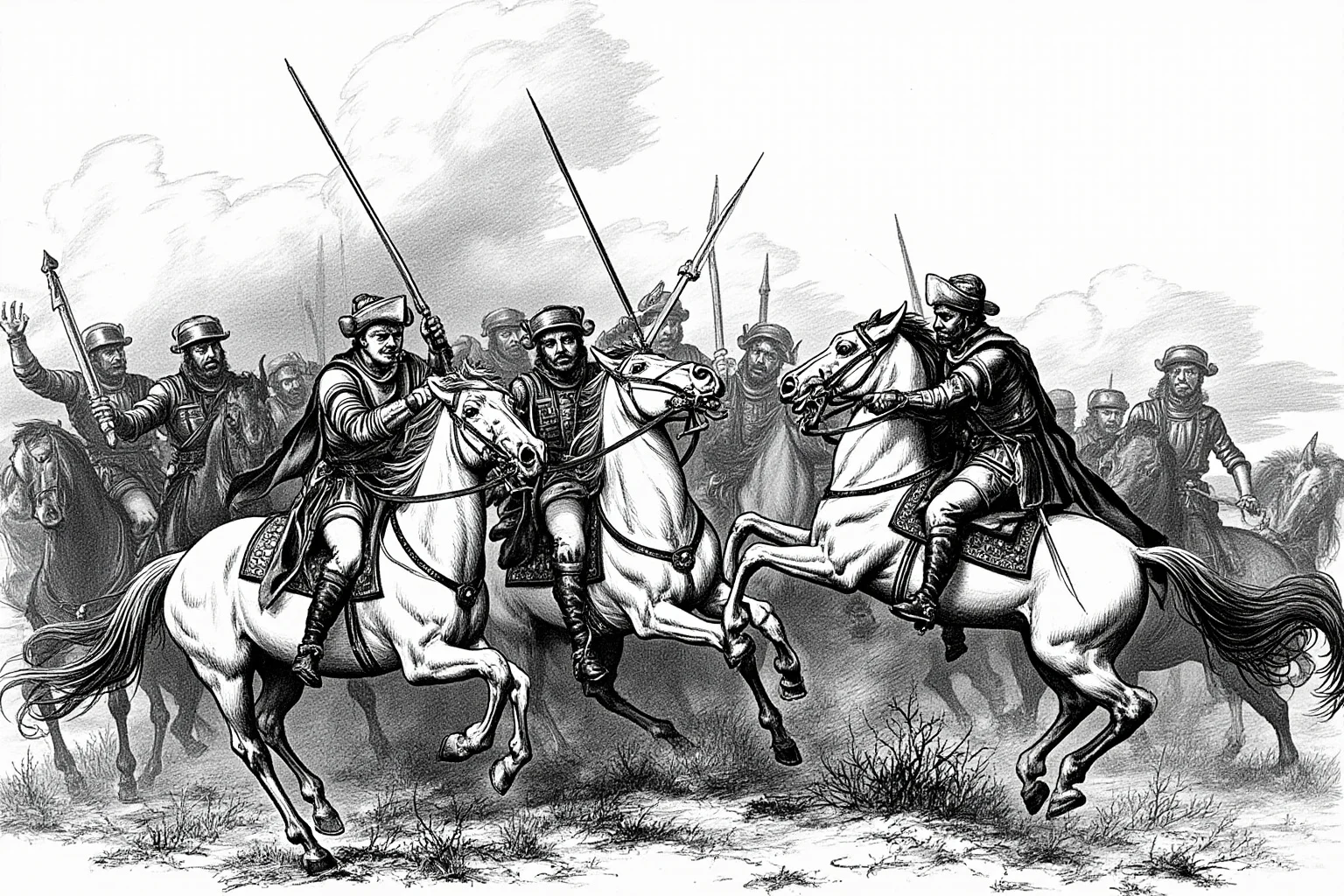 A chaotic Renaissance sketch of mounted soldiers clashing in battle with rearing horses, dynamic charcoal and ink style