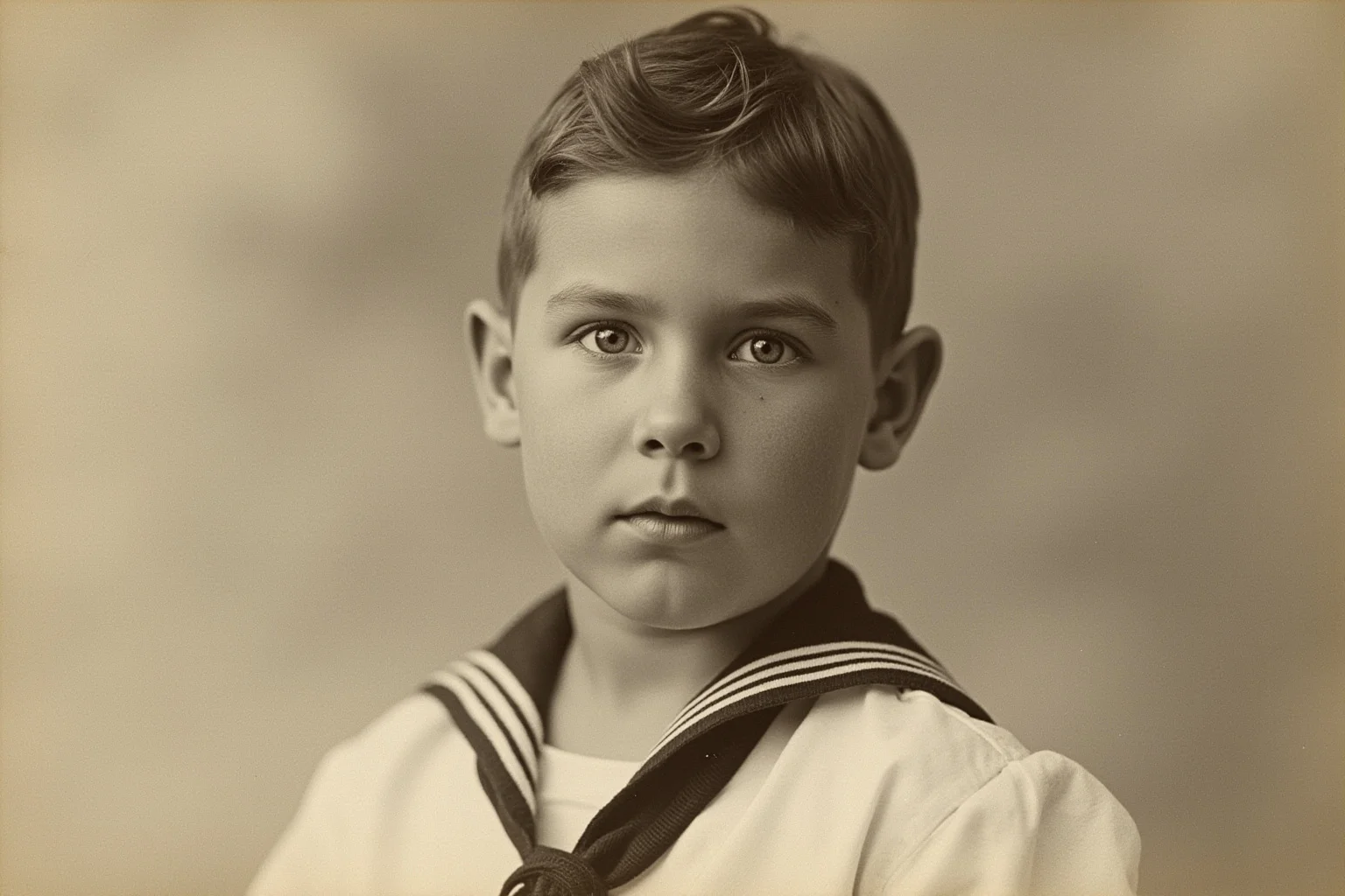 A charming antique photograph of a young boy in a formal sailor suit, popular in the early 1900s