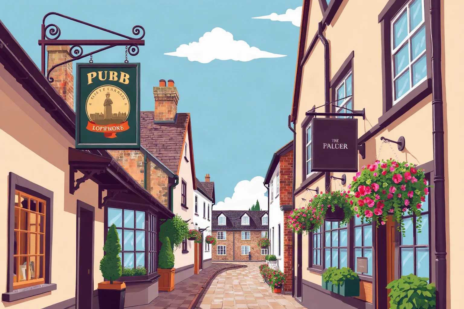 A charming modern English village high street with a pub sign and hanging flower baskets, illustrative style