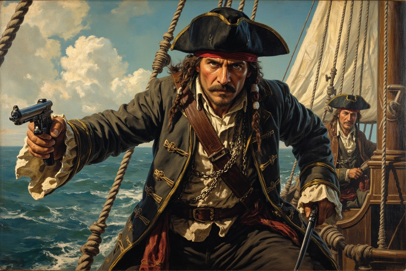 A charming pirate captain in disguise as a merchant trader boarding a ship, illustrative painting style