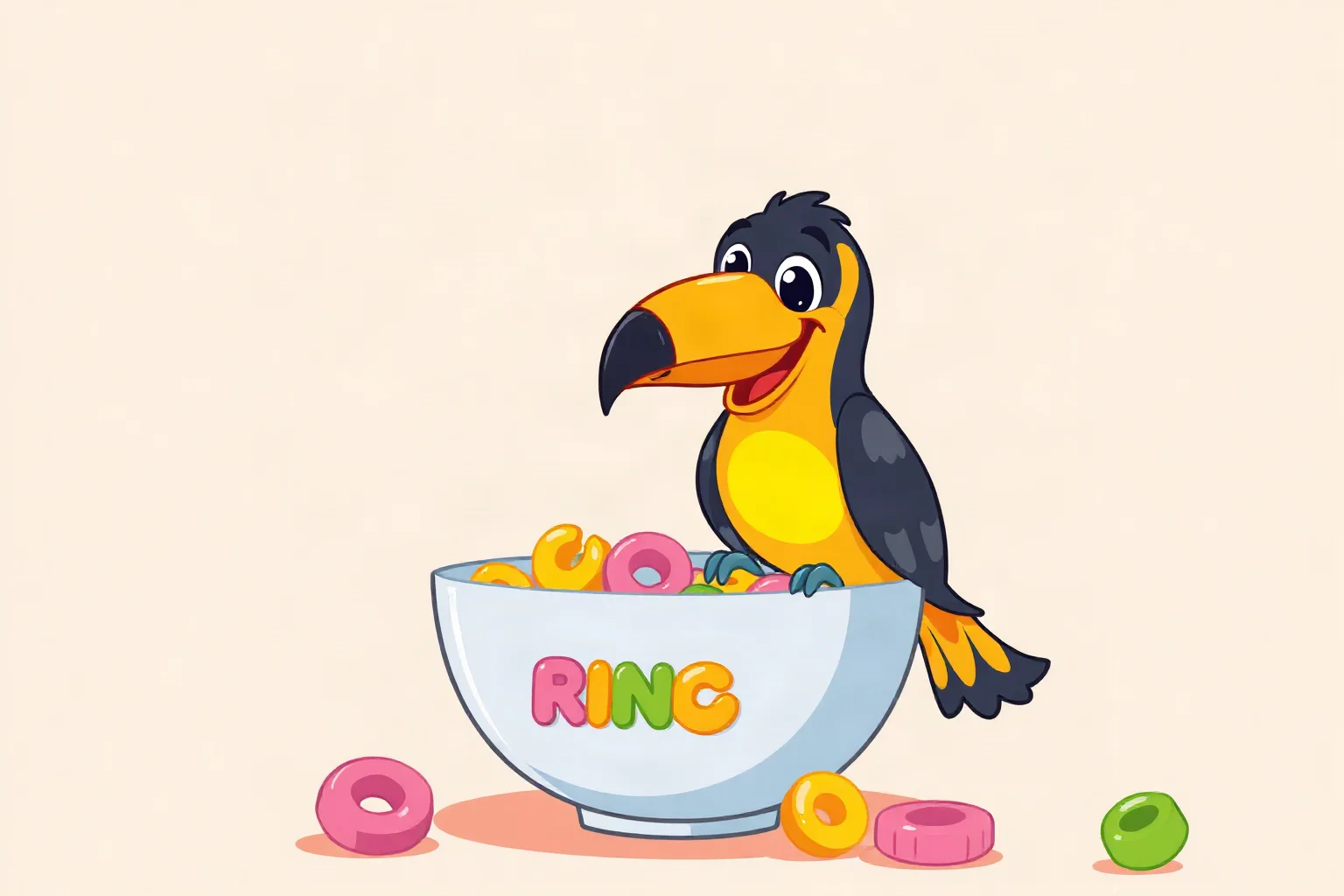 A cheerful cartoon toucan-like bird perched on a bowl of colorful ring-shaped cereal, bright playful breakfast-cereal illustration style