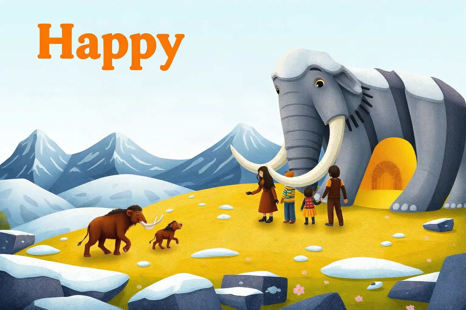 A cheerful children's-book style illustration of a mammoth, cave family, and snowy hills