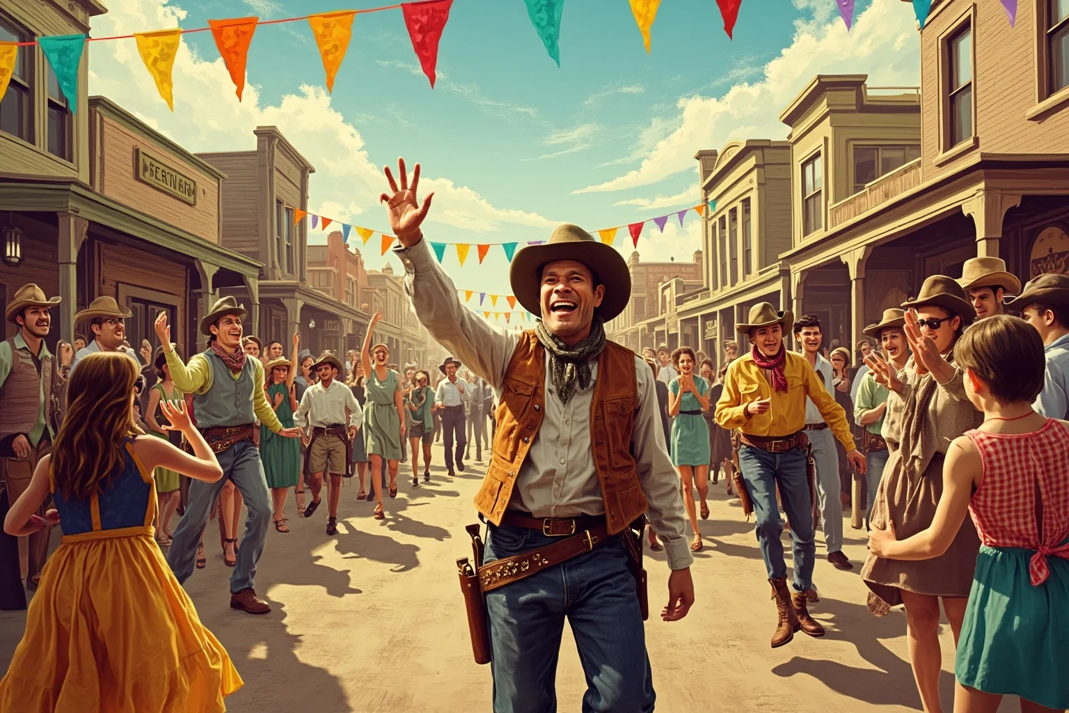 Hilarious Slang Terms From The Wild West 10 A cheerful crowd celebrating in a small frontier town street, colorful bunting, illustrated Old West festival scene