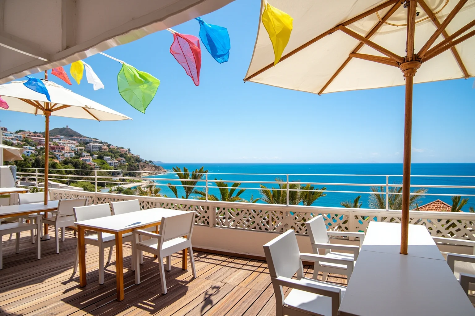 Amazing Facts About Claude Monet: His Life and 10 Greatest Paintings 21 A cheerful seaside terrace with colorful flags fluttering in the breeze overlooking the ocean