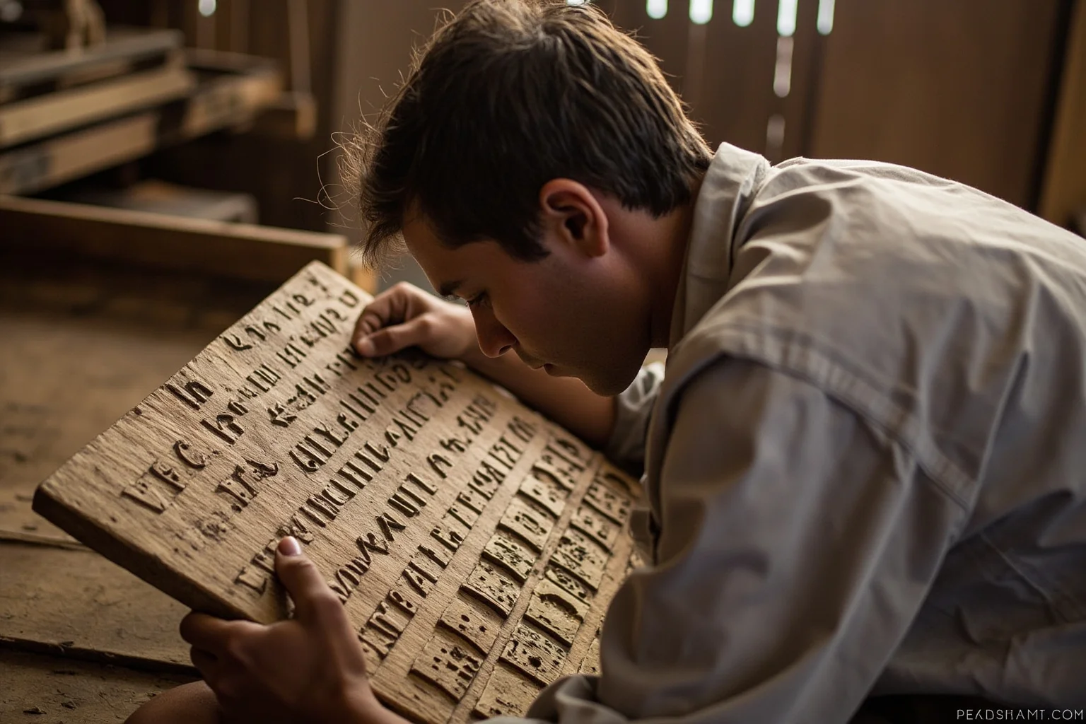 22 Inspiring Stories From Native American History 4 A Cherokee man carefully carving symbols into a wooden tablet, representing the invention of a written syllabary