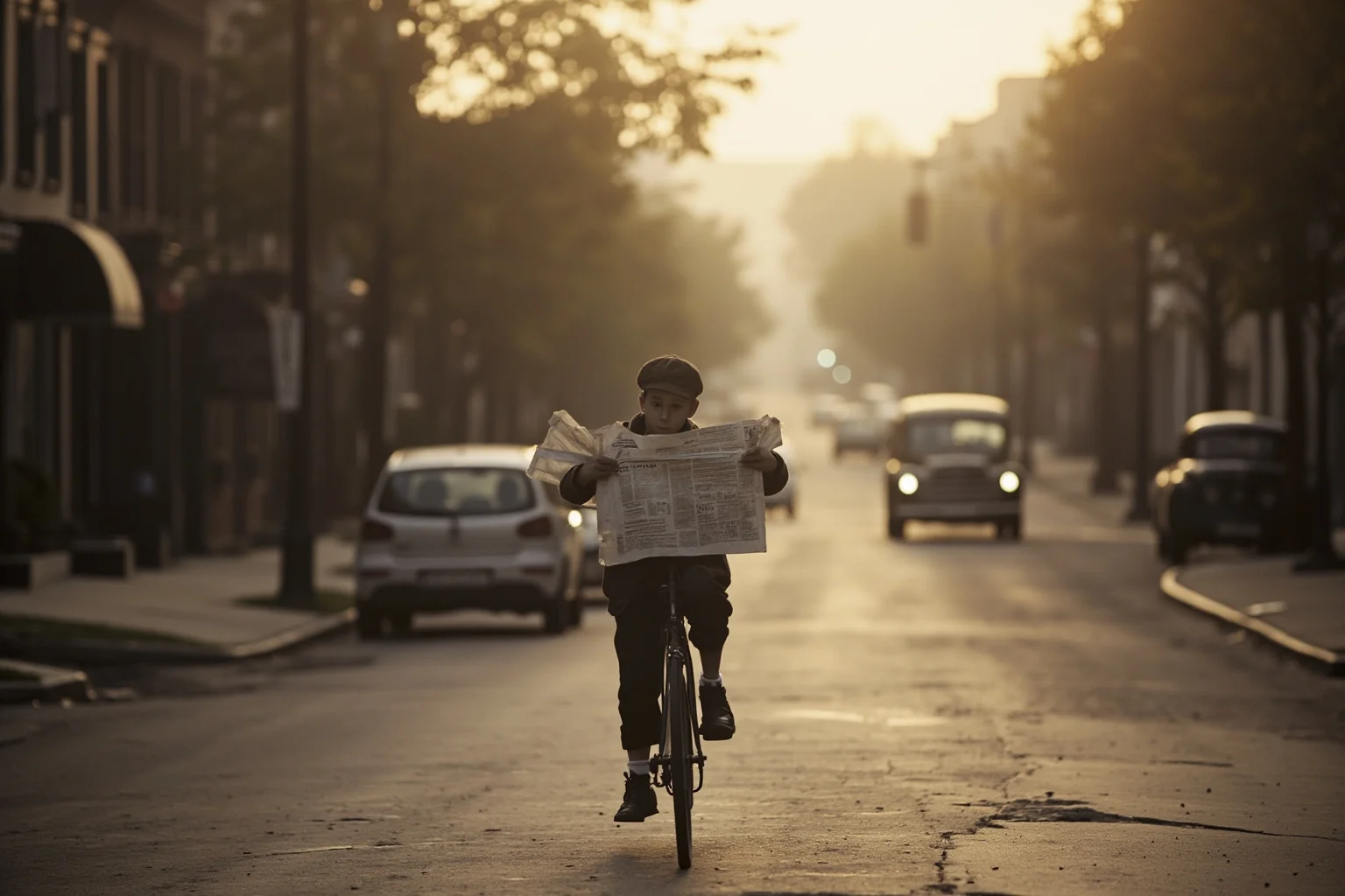 A child delivering newspapers on a bicycle before dawn on a quiet early 1900s Midwestern street
