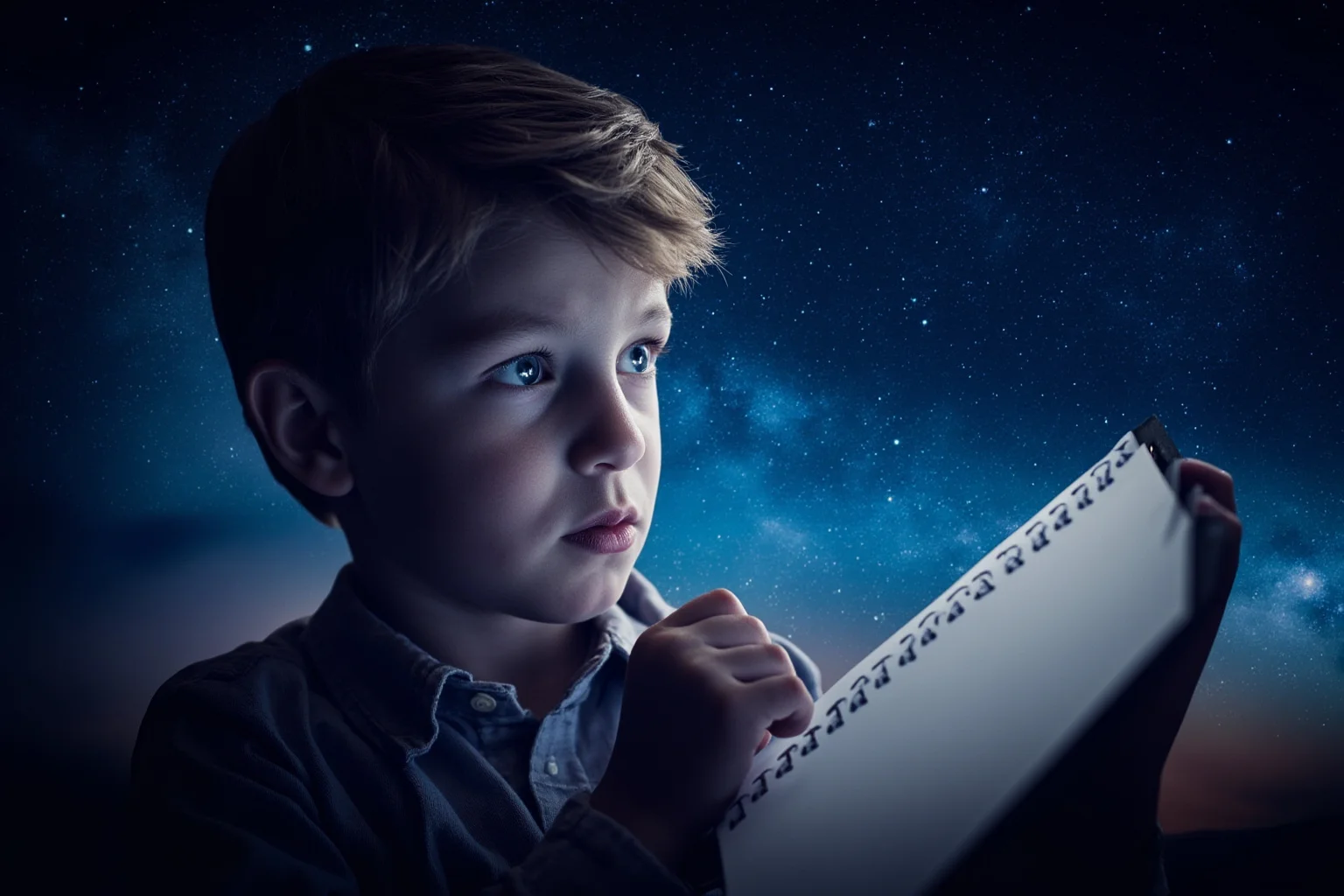 Words of Wisdom: 20 of Albert Einstein's Greatest Quotes 17 A child looking up at a starry night sky with an open notebook, symbolizing curiosity and endless questioning