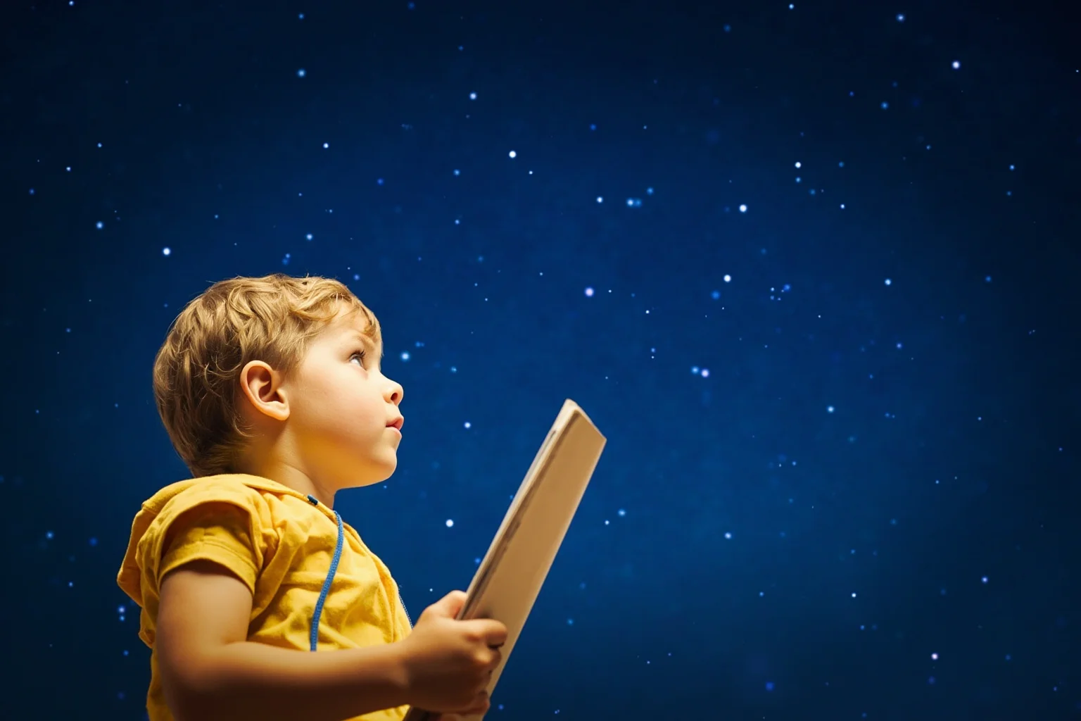 Words of Wisdom: 20 of Albert Einstein's Greatest Quotes 4 A child looking up at a starry night sky with an open notebook, symbolizing curiosity and endless questioning