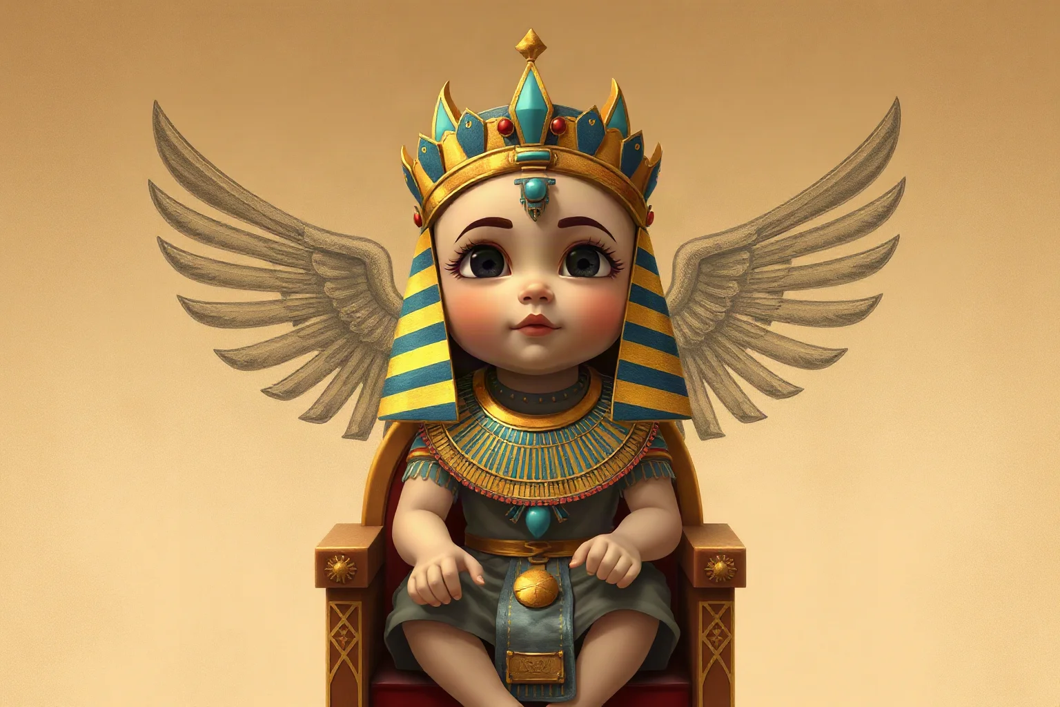 A child wearing a pharaoh's crown and ceremonial collar seated on a small throne, illustrative art