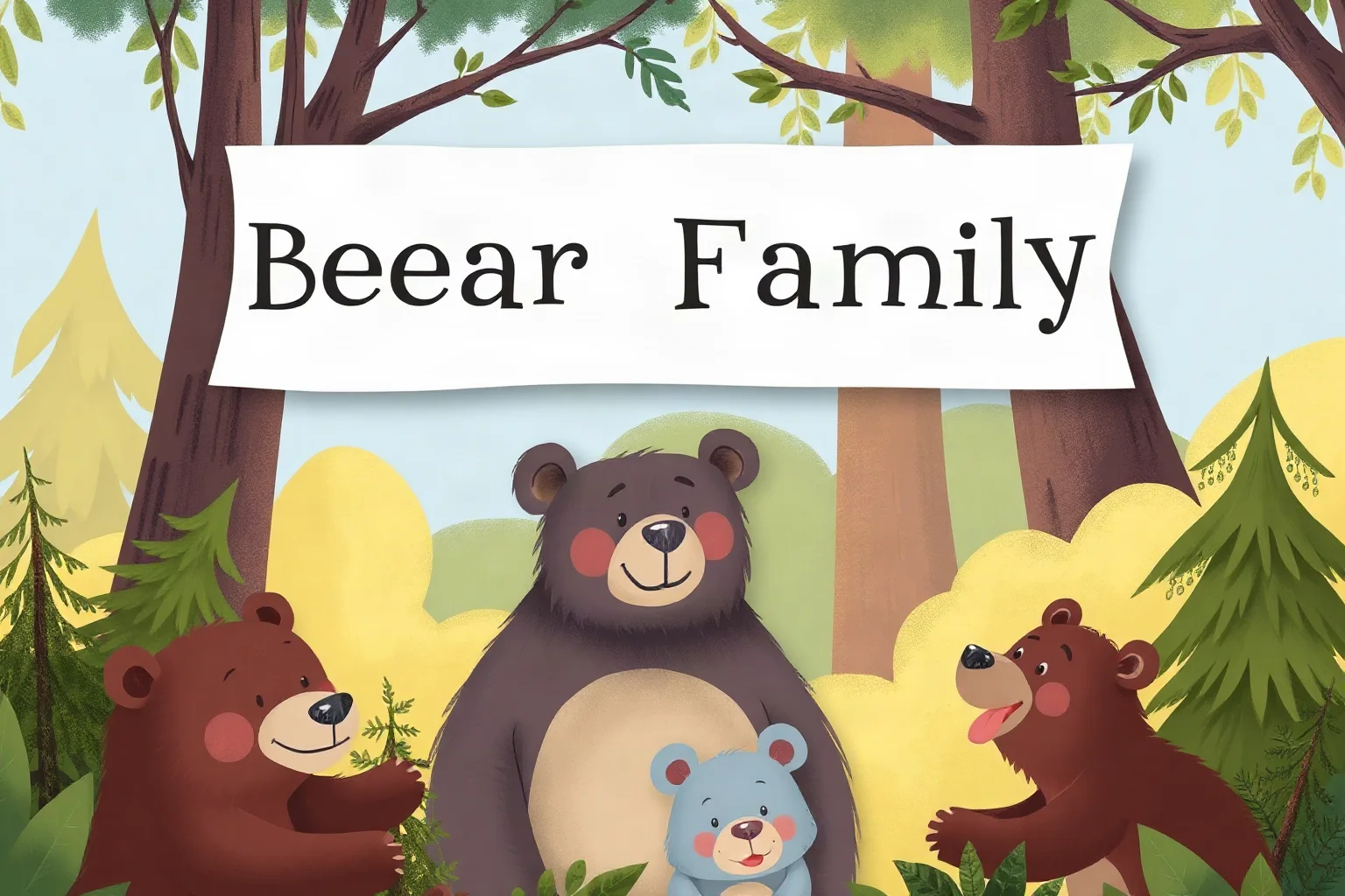 A children's storybook cover mockup for a bear family series, with a blank title banner, warm illustrated forest background, nostalgic 1980s picture-book style