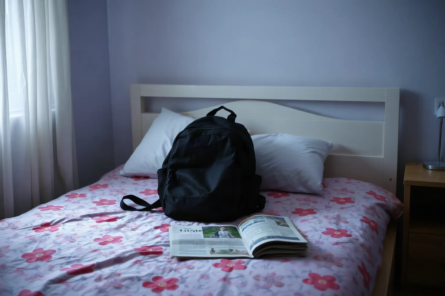 A child's bedroom with a school backpack and a folded newspaper on the bed, quiet dramatic lighting