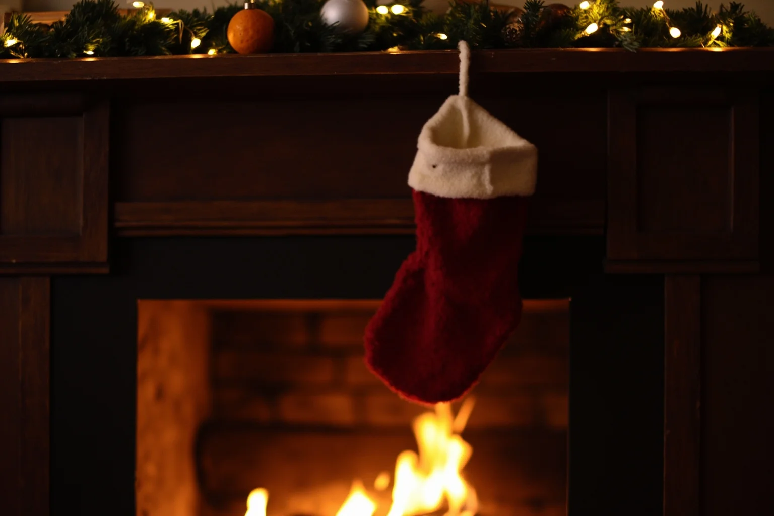 A child's stocking hanging by a fireplace with a single orange peeking out, cozy vintage Christmas scene