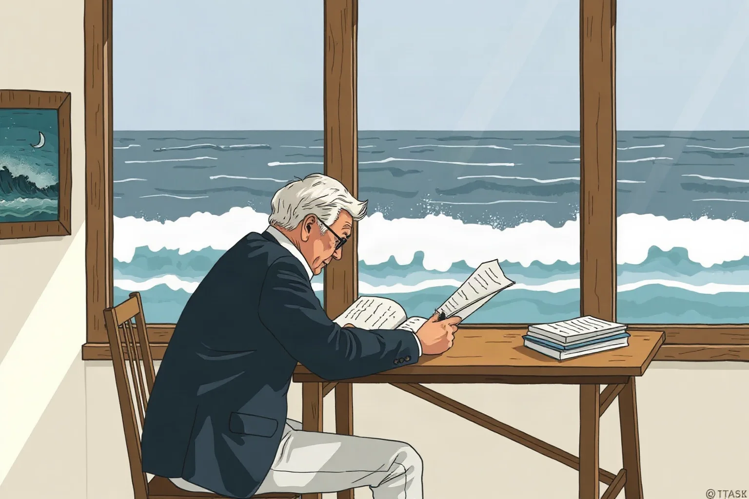 A Chilean poet writing at a seaside desk with ocean waves visible through the window, illustrative style