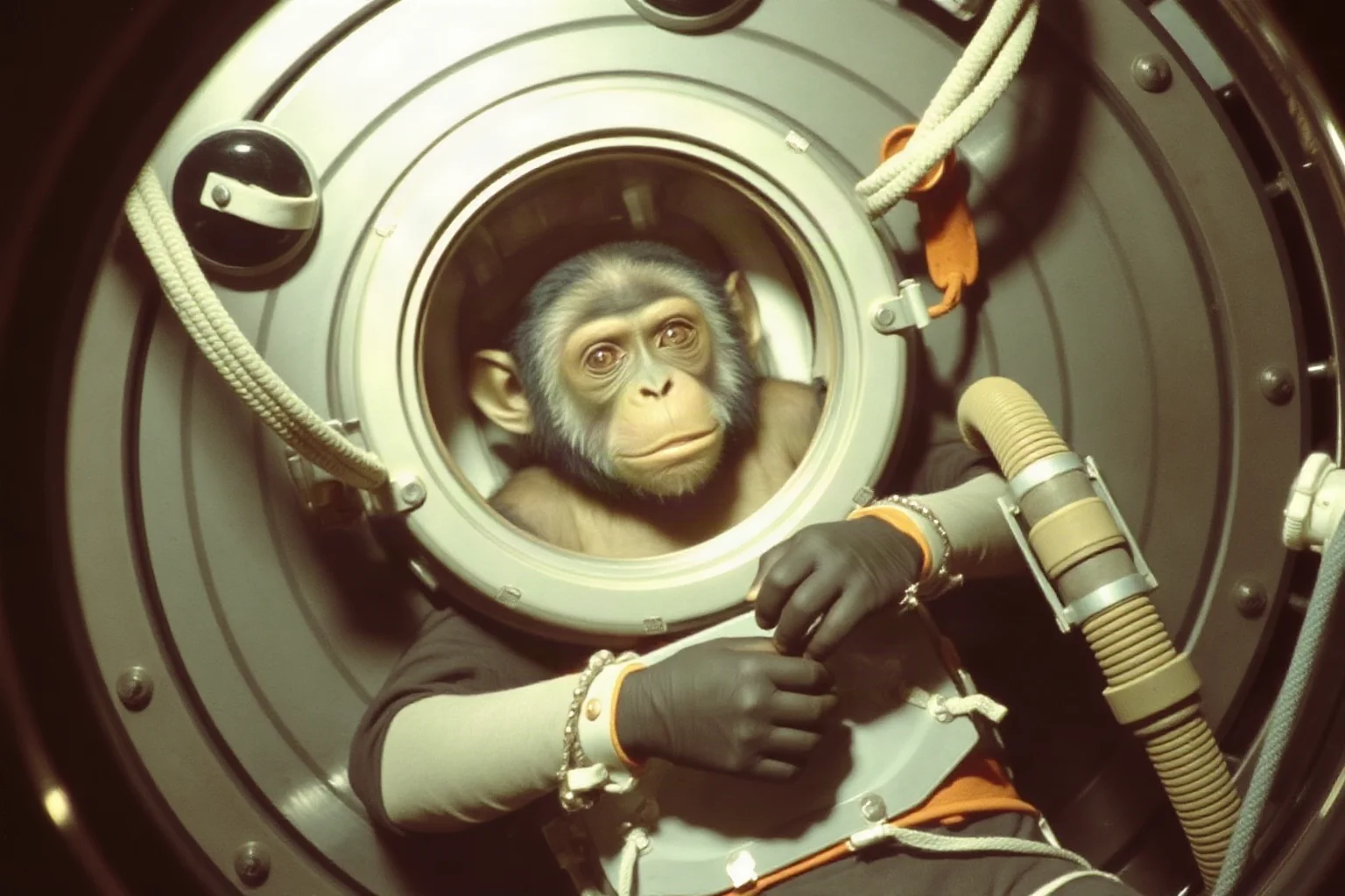 A chimpanzee in a Mercury spacecraft during orbital flight preparation, 1961