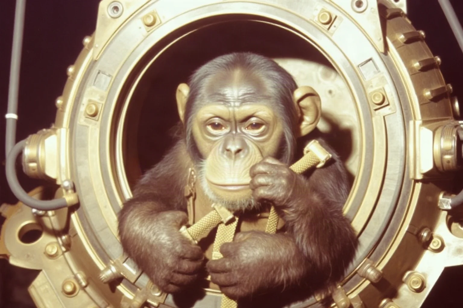 A chimpanzee strapped into a Mercury-Redstone spacecraft capsule, 1961